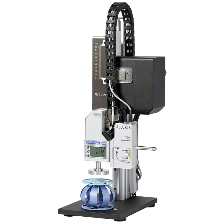 Motorisierter Prüfstand mit Kraftmessgerät und Lasersensor, Detailaufnahme Handrad an Kraftprüfstand FMT-220
